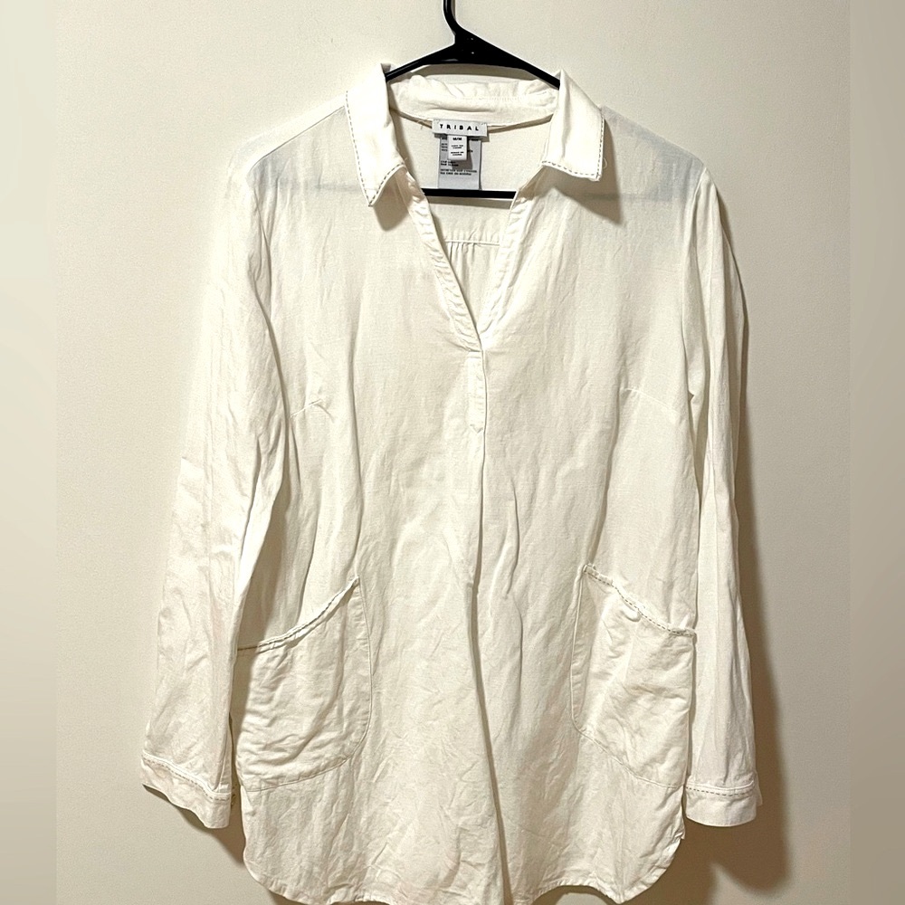 Tribal Women's Cream Linen Tunic Top Size M